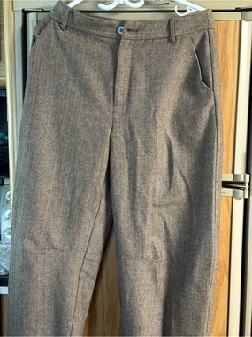 Commense Brown Herringbone Trousers with Black Stripped Cream Tie Up Sweater